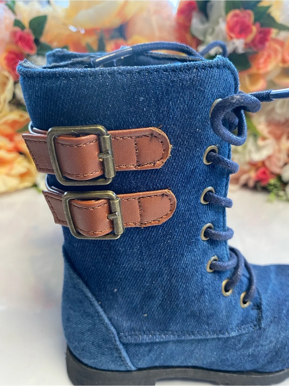 Toddler Denim Moto Lace-Up Boots Side Zip Buckle Blue Size 8